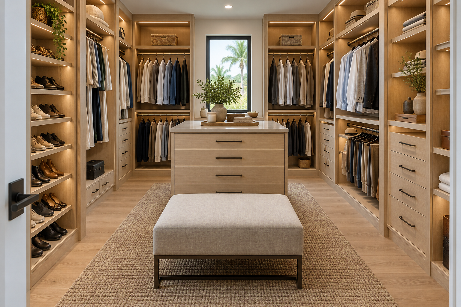Illustrative walk-in closet with oak storage, hanging sections, shoe shelves and an upholstered bench