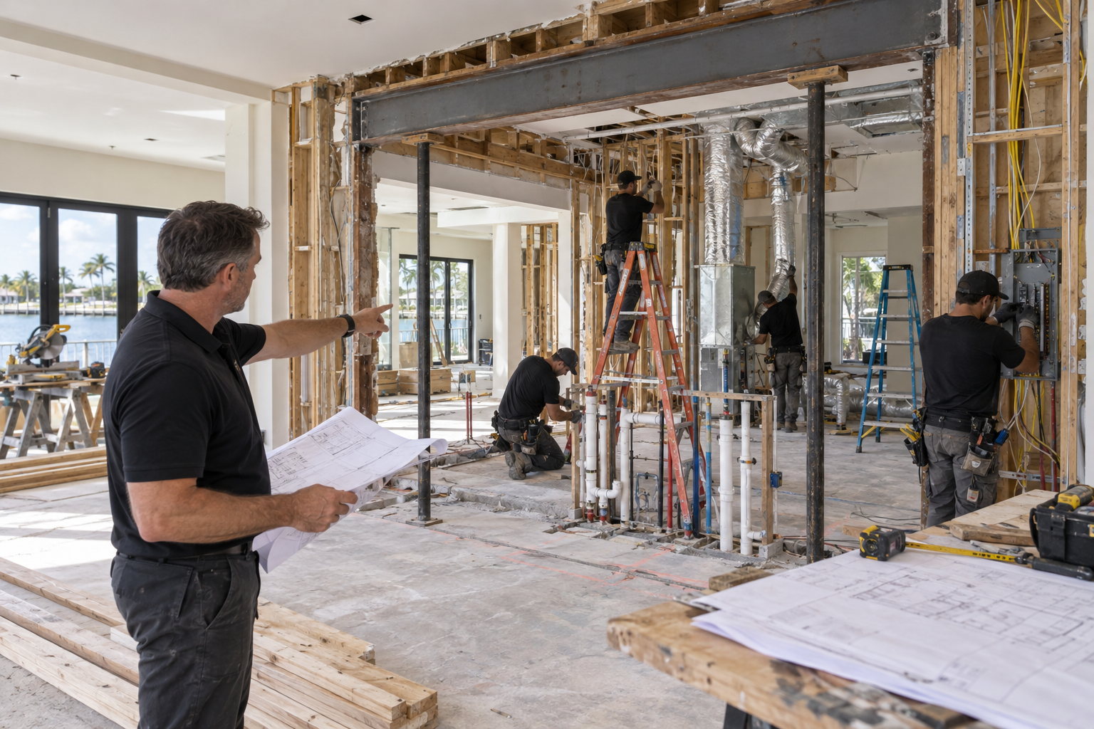 Florida building contractor reviewing whole-home renovation plans with a homeowner in a coastal residence