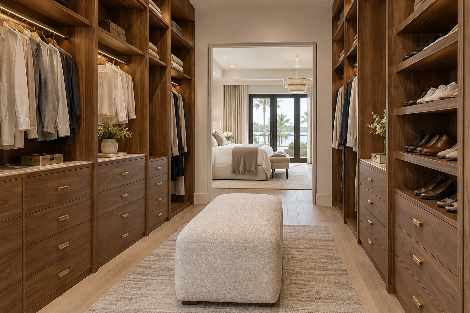 Illustrative custom walnut walk-in closet with illuminated hanging areas, aligned drawer hardware and an ivory upholstered ottoman