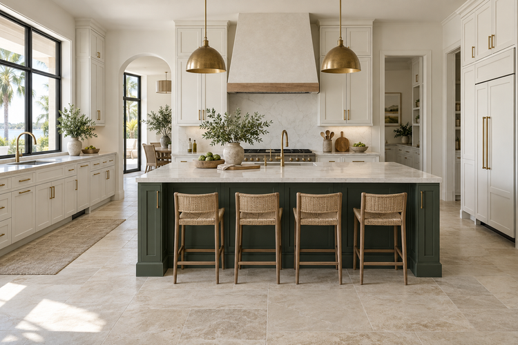 Illustrative kitchen with white Shaker perimeter cabinets, green island cabinetry and pale stone counters.