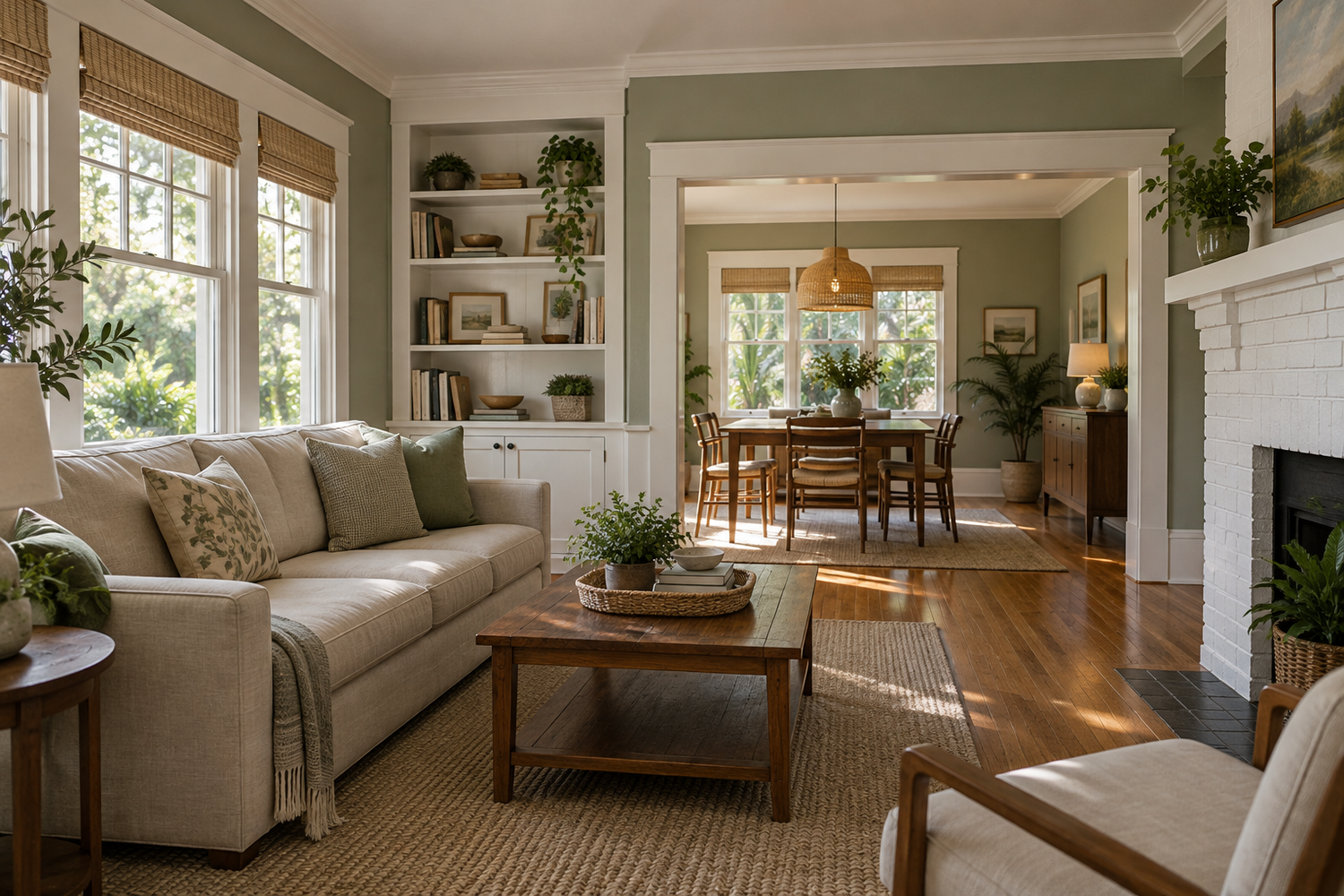 Illustrative renovated Florida bungalow living room with classic millwork, linen seating and a connected dining area