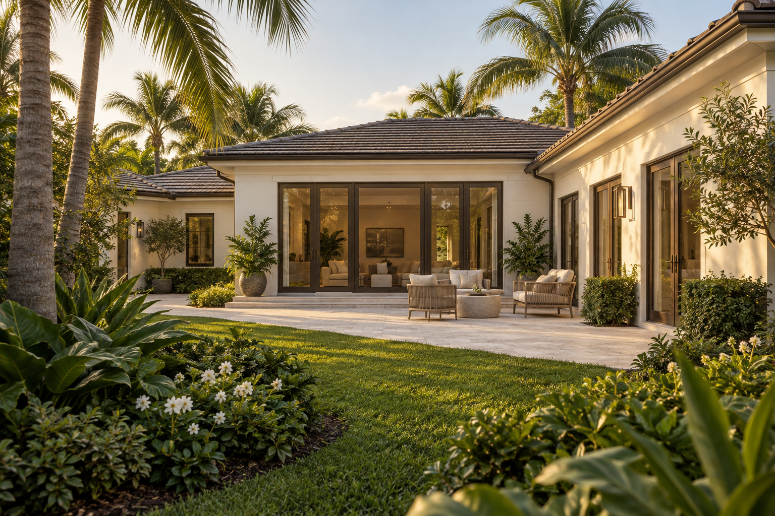 Illustrative single-story Florida home with an integrated family-room addition opening onto a landscaped stone terrace