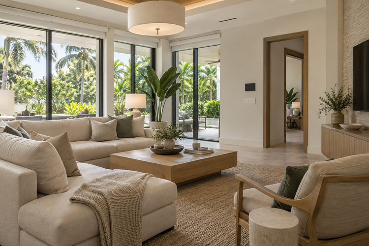 Illustrative Florida living room with layered lighting, roller shades and a discreet wall control beside conventional switches.
