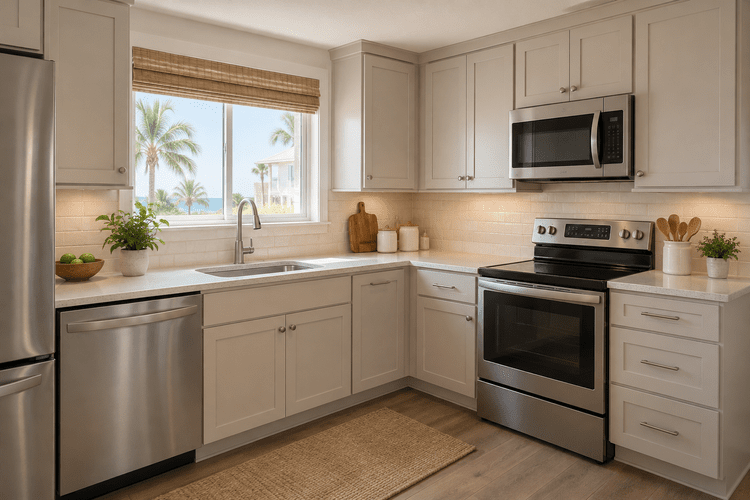 Illustrative compact coastal kitchen with warm greige Shaker cabinets, satin nickel hardware, light countertops and a tiled backsplash.