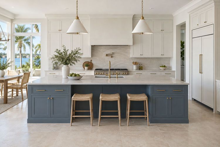 Illustrative Florida kitchen with warm white slim shaker cabinets, a slate-blue island and pale stone counters.