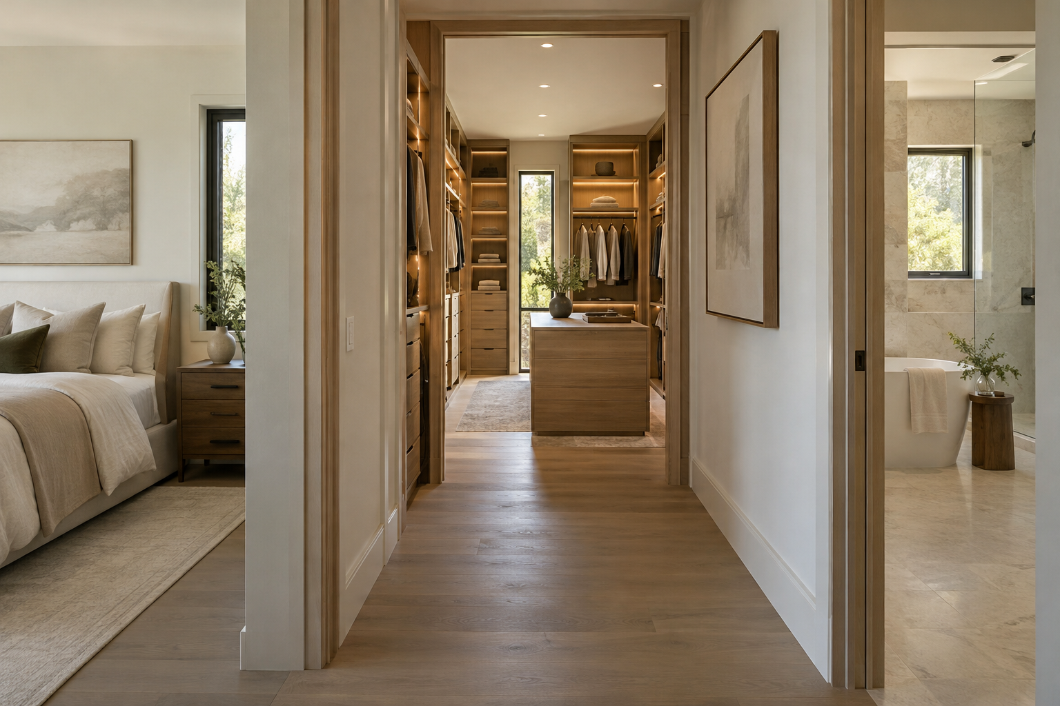 Illustrative primary suite passage linking an oak walk-in closet, a bedroom and a softly lit bathroom