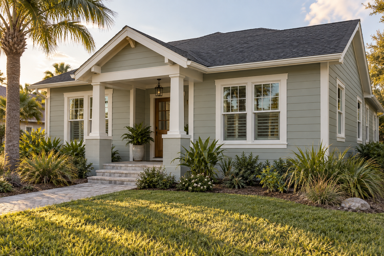 Illustrative Clearwater-style bungalow with pale sage horizontal siding, ivory trim and a covered front porch