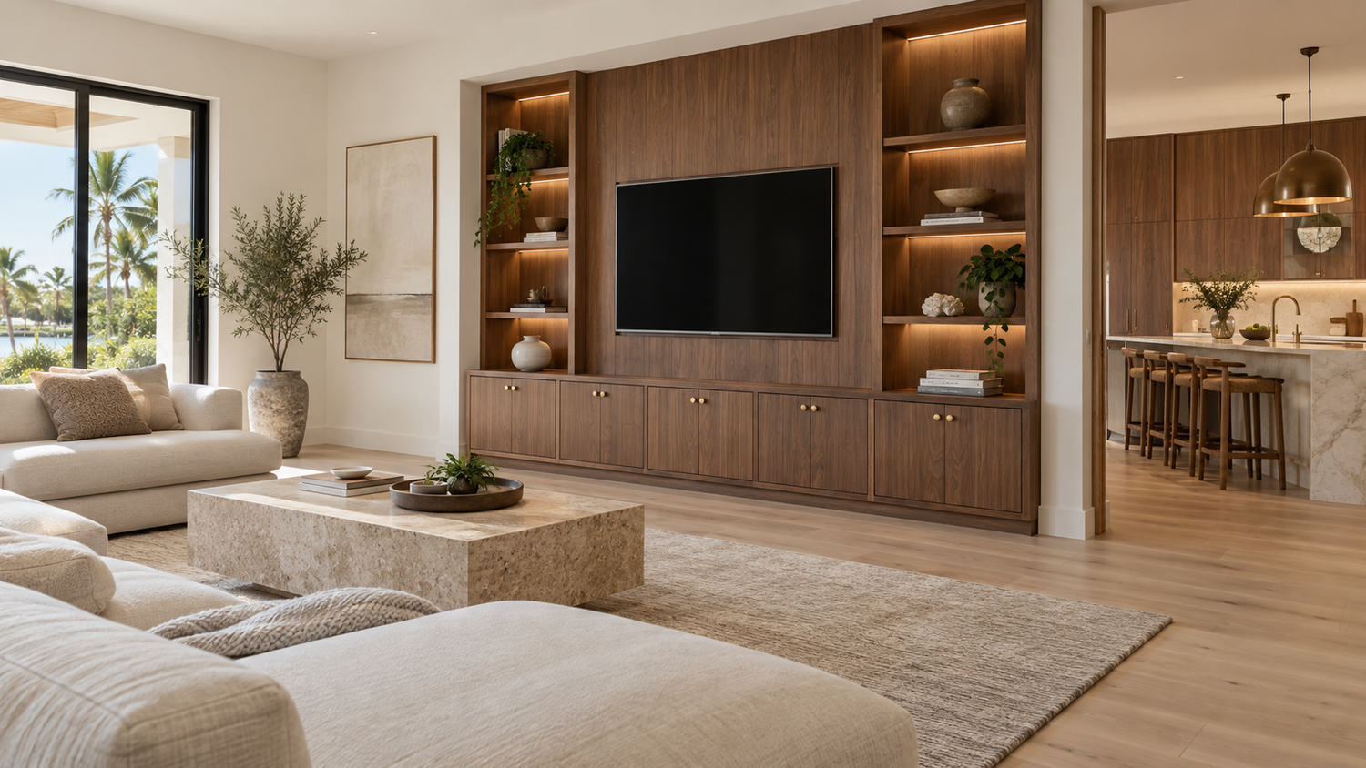 Illustrative remodeled living room with custom walnut media cabinetry, cream seating and a coordinated kitchen beyond a wide opening