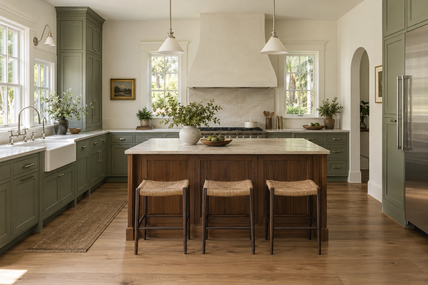 Illustrative bungalow kitchen with sage inset cabinetry, a walnut island and cream stone countertops