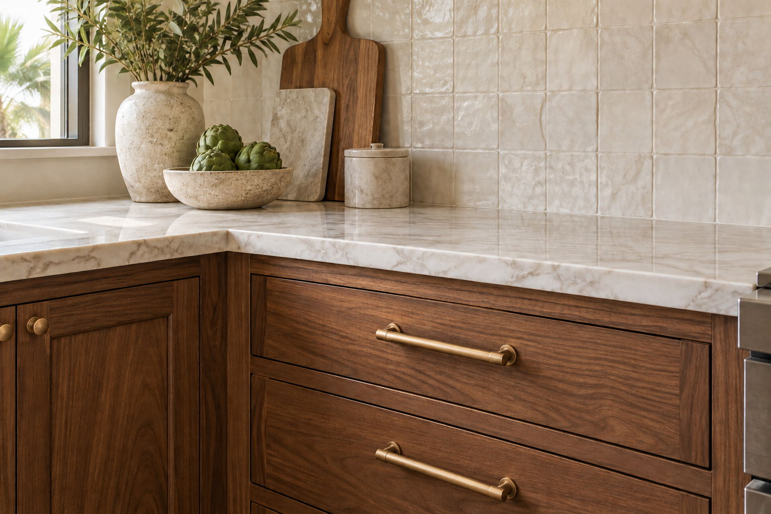 Illustrative walnut cabinet detail with a brass pull, pale quartz countertop and ivory tile backsplash