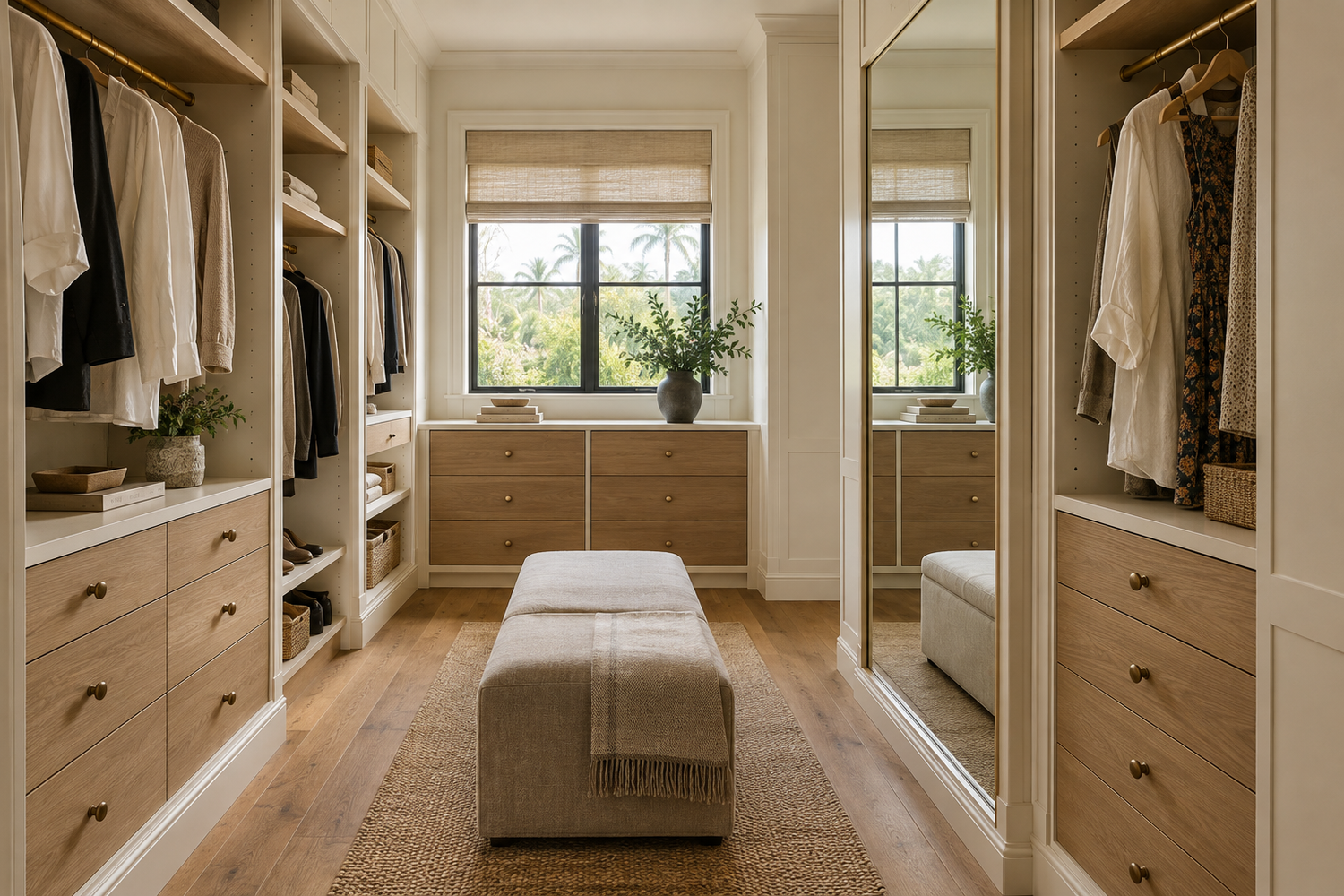 Illustrative walk-in dressing room with ivory cabinetry, oak drawers, hanging storage and an upholstered bench