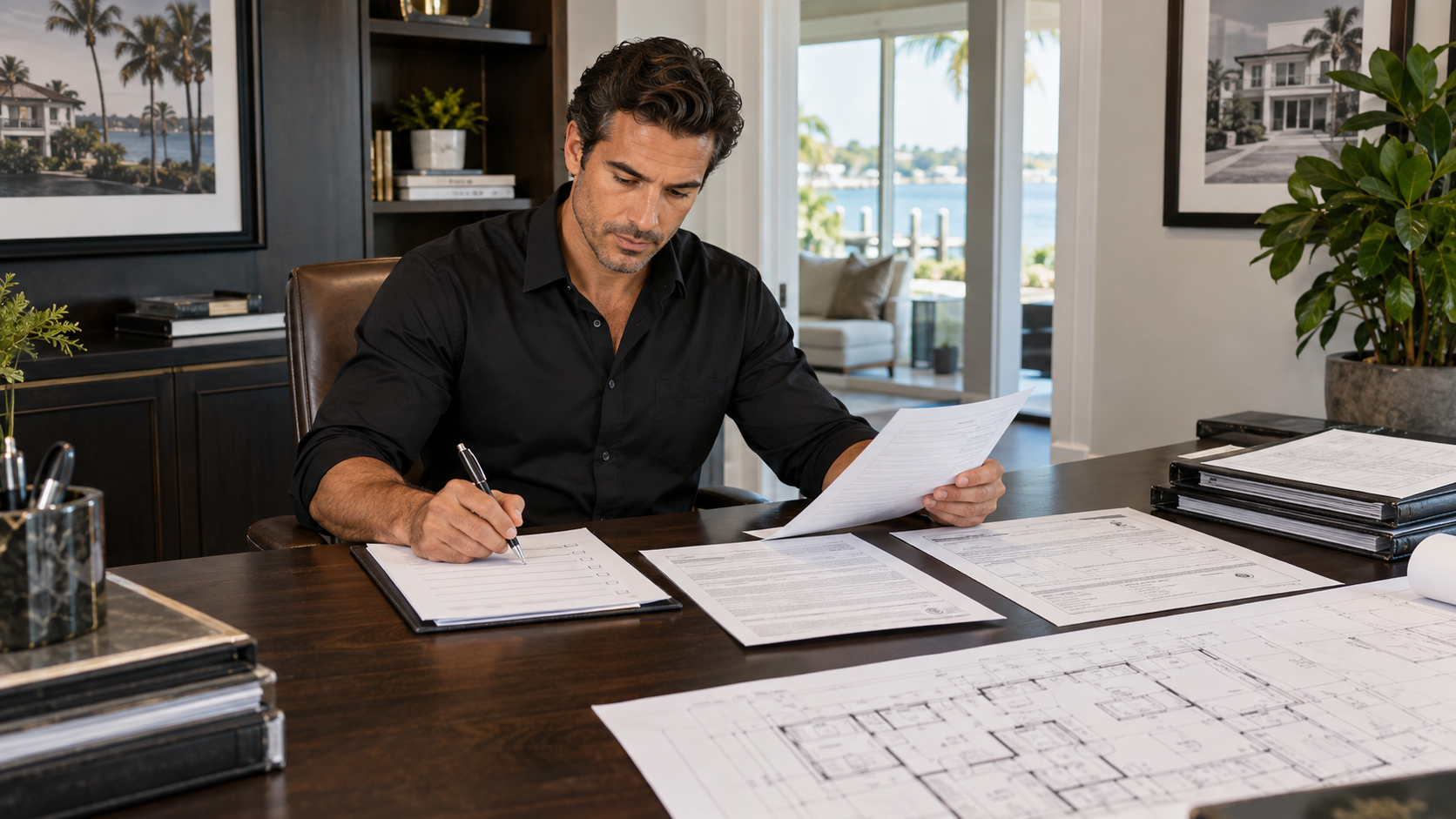 Florida building contractor reviewing subcontractor licenses insurance certificates and project documentation