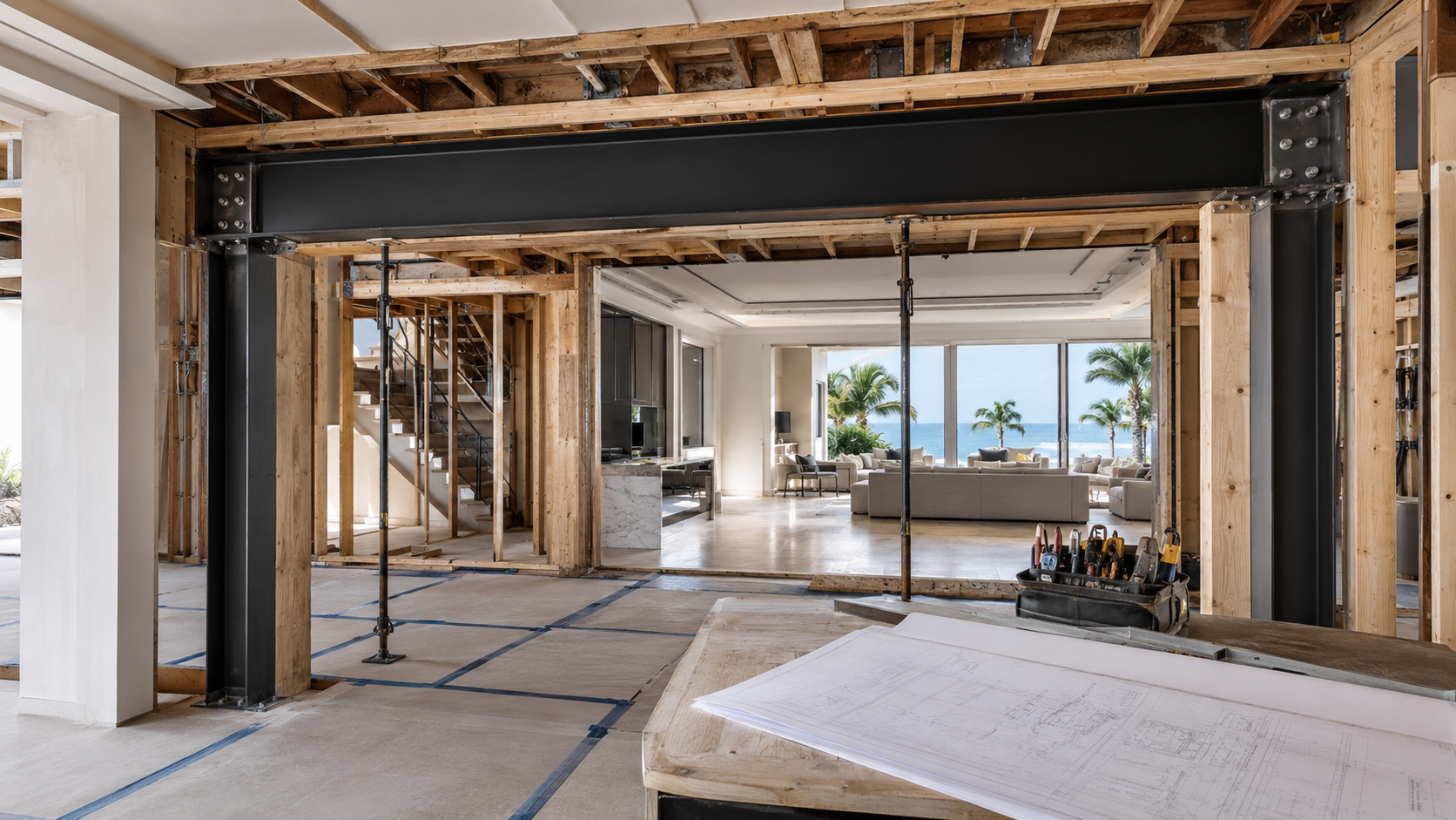 Clean structural renovation with steel beam, framing and protected floors