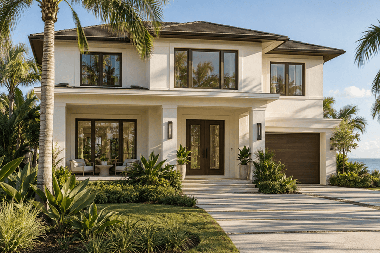 Illustrative two-story Florida home with light stucco, dark window frames, a covered entrance and tropical landscaping.