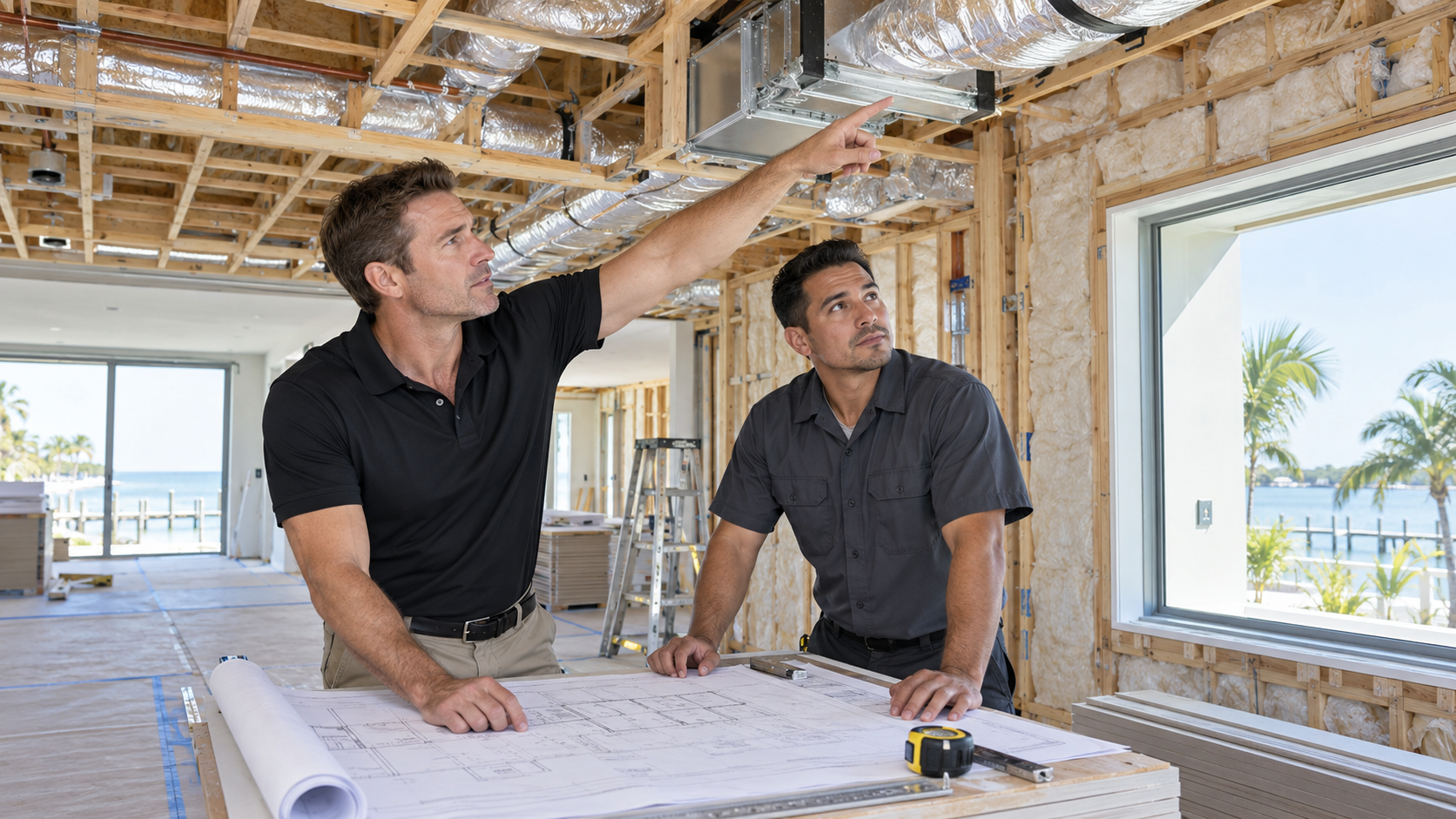 Florida building contractor coordinating insulation, impact windows and HVAC ductwork during a whole-home renovation