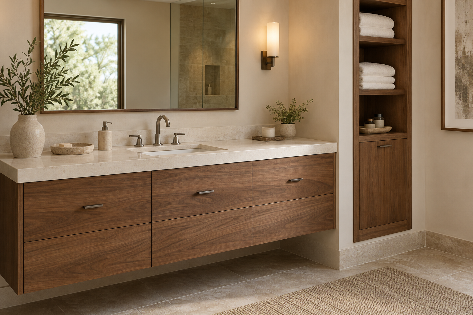 Illustrative walnut floating vanity with aligned drawers, an undermount sink, wall lighting and adjacent towel storage.
