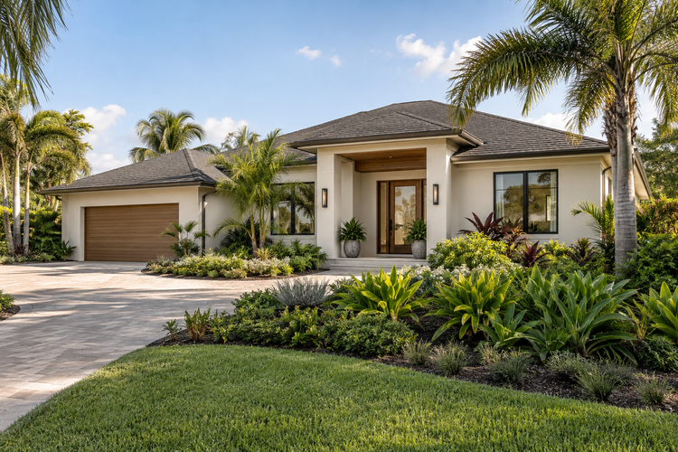 Illustrative rebuilt coastal Florida home with ivory stucco, a hip roof, sheltered wood entry and a landscaped front garden.