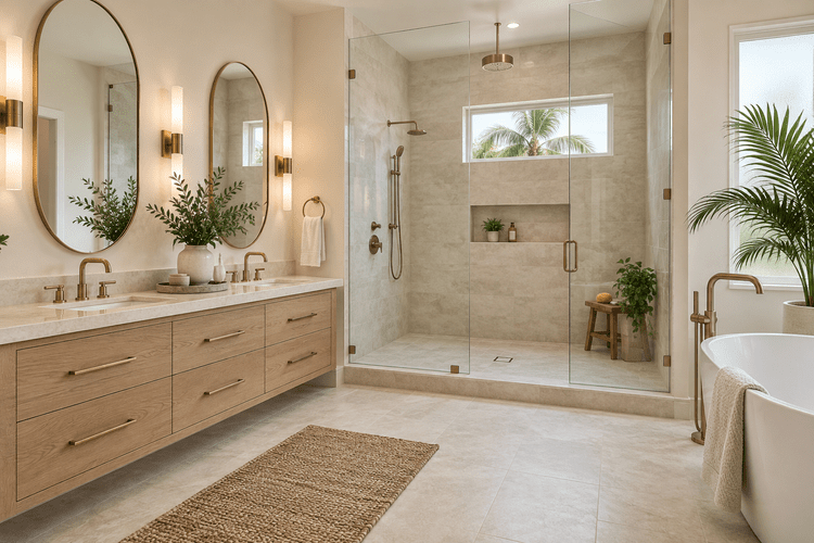 Illustrative primary bathroom with an oak double vanity, oval mirrors, brass lighting and a glass shower beside a large window