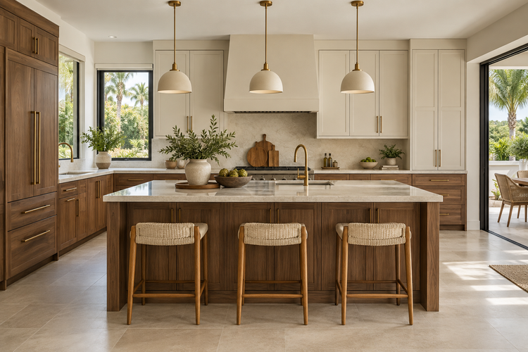 Illustrative custom kitchen with walnut cabinetry, cream upper cabinets, an island and coordinated brass hardware