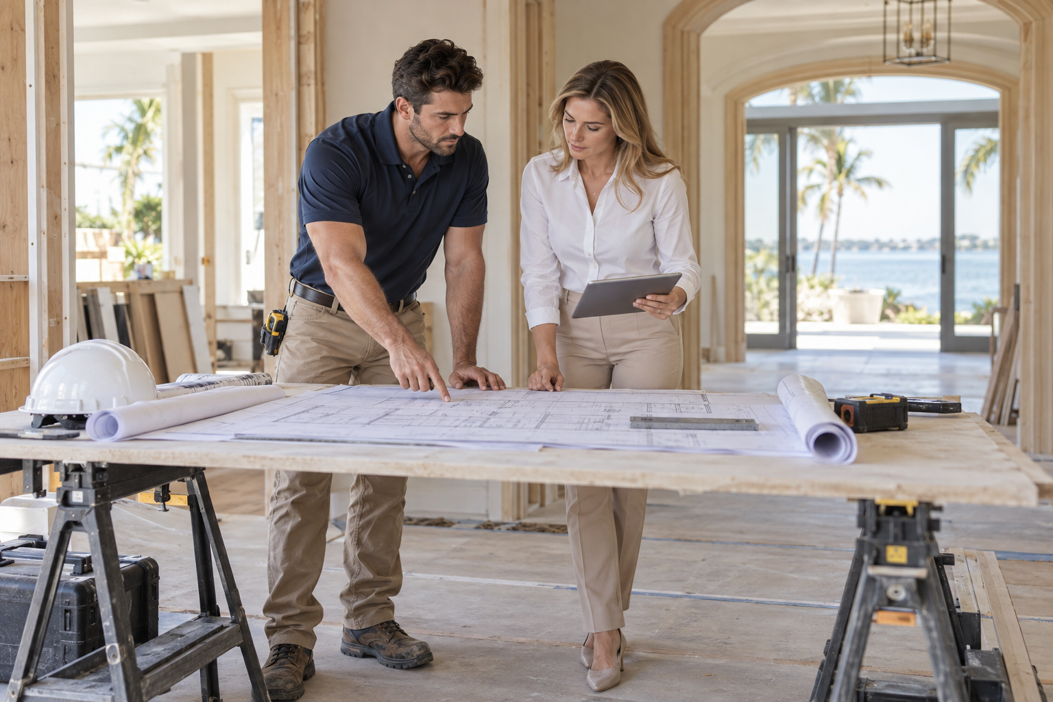 Illustrative construction professionals reviewing renovation plans and a tablet at an organized residential worksite