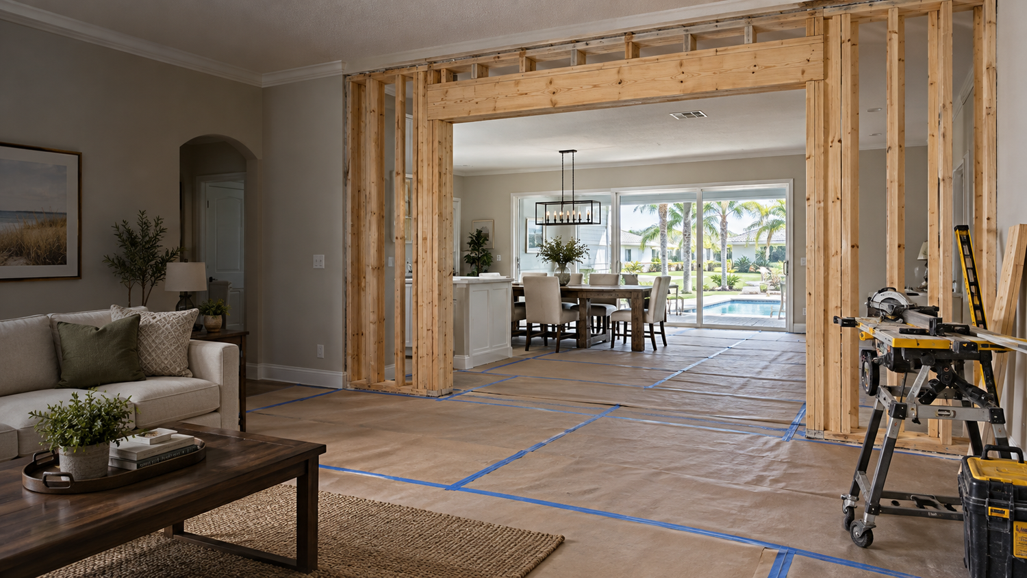 Illustrative organized residential remodeling interior with a framed opening, straight wall framing and protected floors