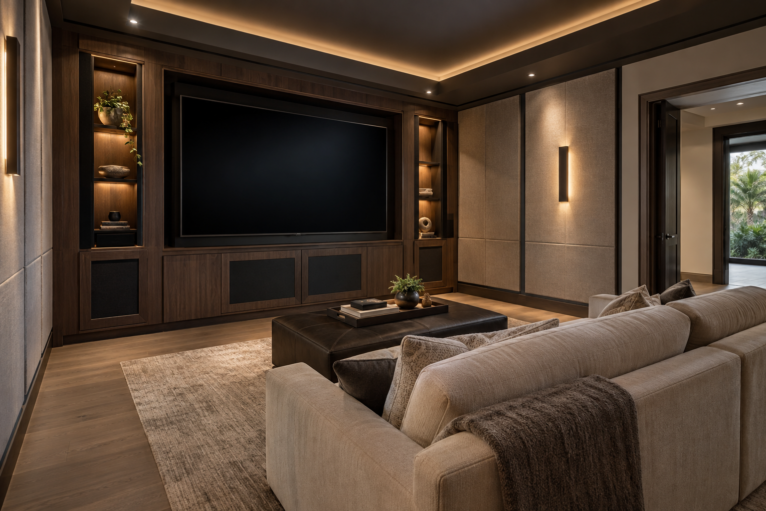 Illustrative custom media room with walnut built-ins, a dark television screen and fabric wall panels