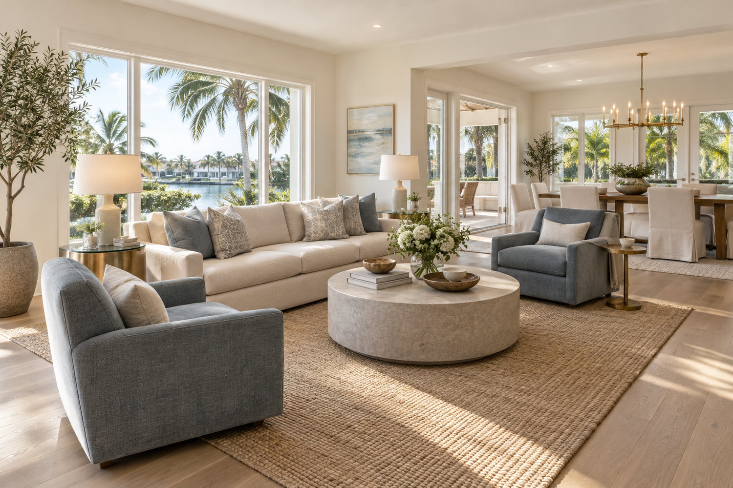 Illustrative remodeled Florida living room with ivory walls, oak flooring, tailored neutral seating and soft blue accent chairs