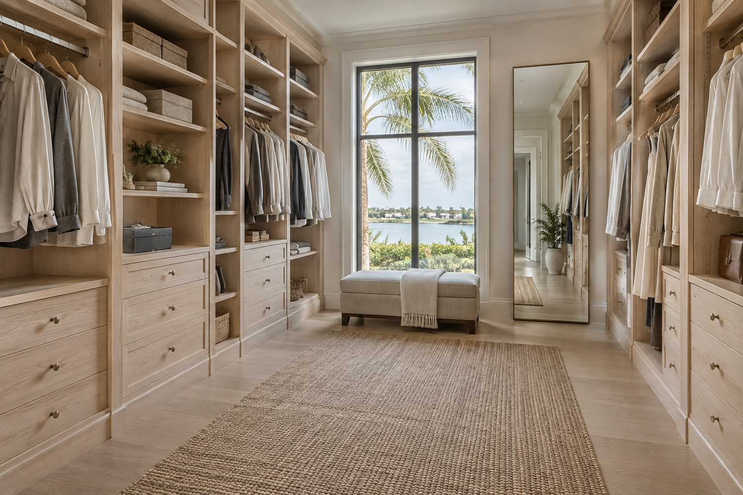 Illustrative custom walk-in closet with pale oak cabinetry, hanging storage, drawers, a full-length mirror and an upholstered bench