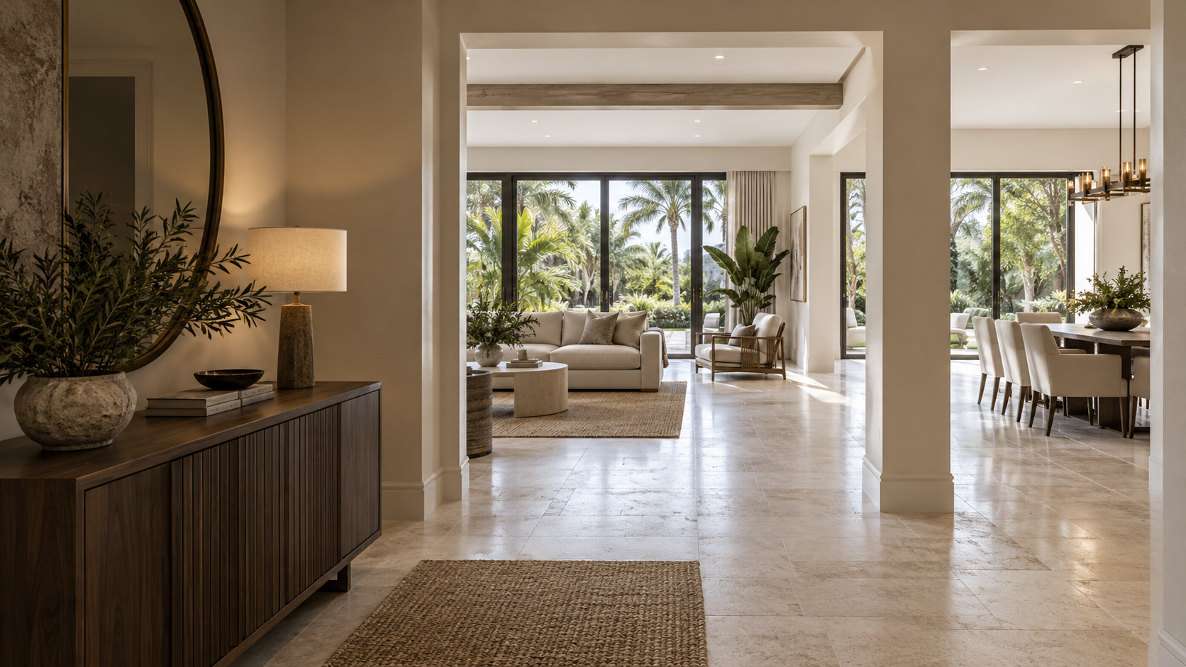 Illustrative remodeled foyer with a clear limestone walkway connecting a lounge and dining room