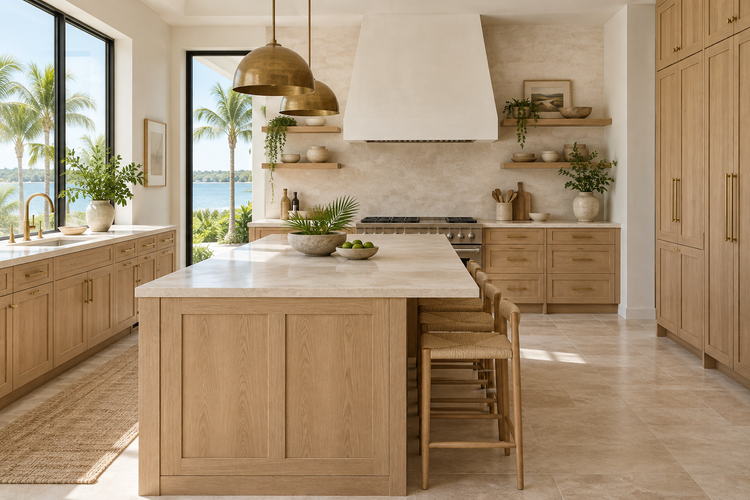 Illustrative Florida kitchen with natural oak shaker cabinetry, a pale stone island counter and warm daylight.