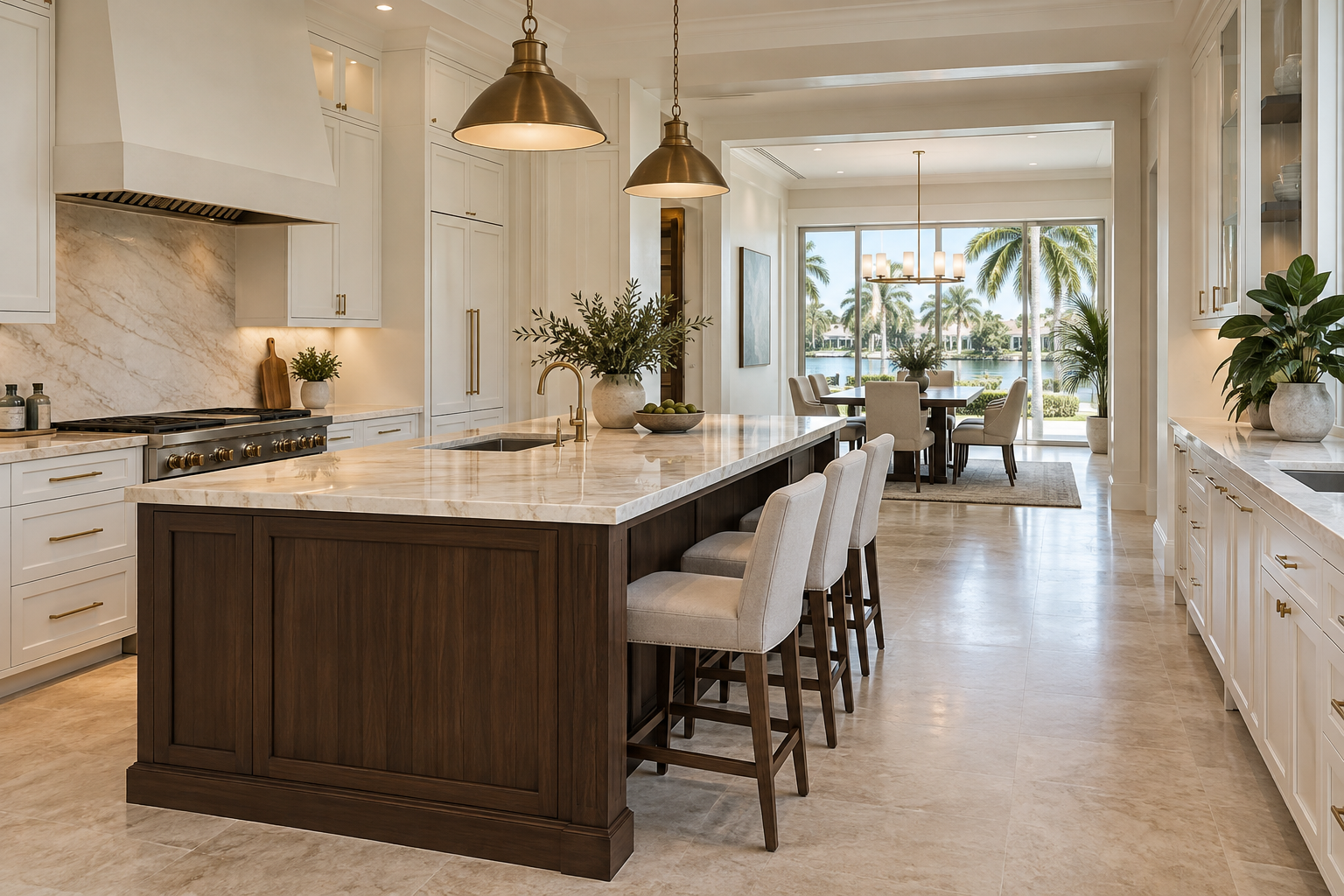 Illustrative white kitchen with a walnut island and a defined walkway into the adjacent dining room