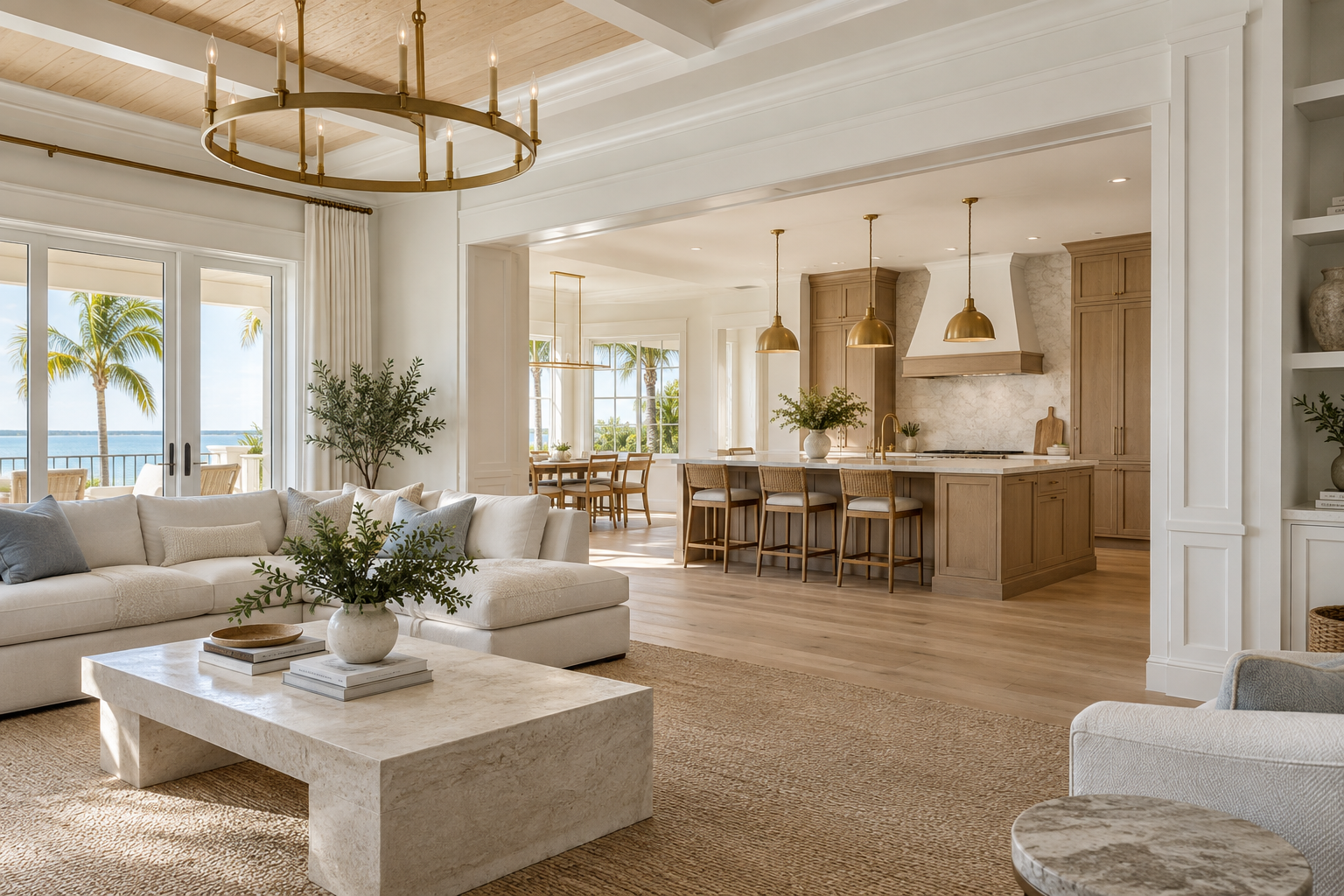 Illustrative finished coastal living room and oak kitchen with a precisely detailed wide opening and coordinated finishes