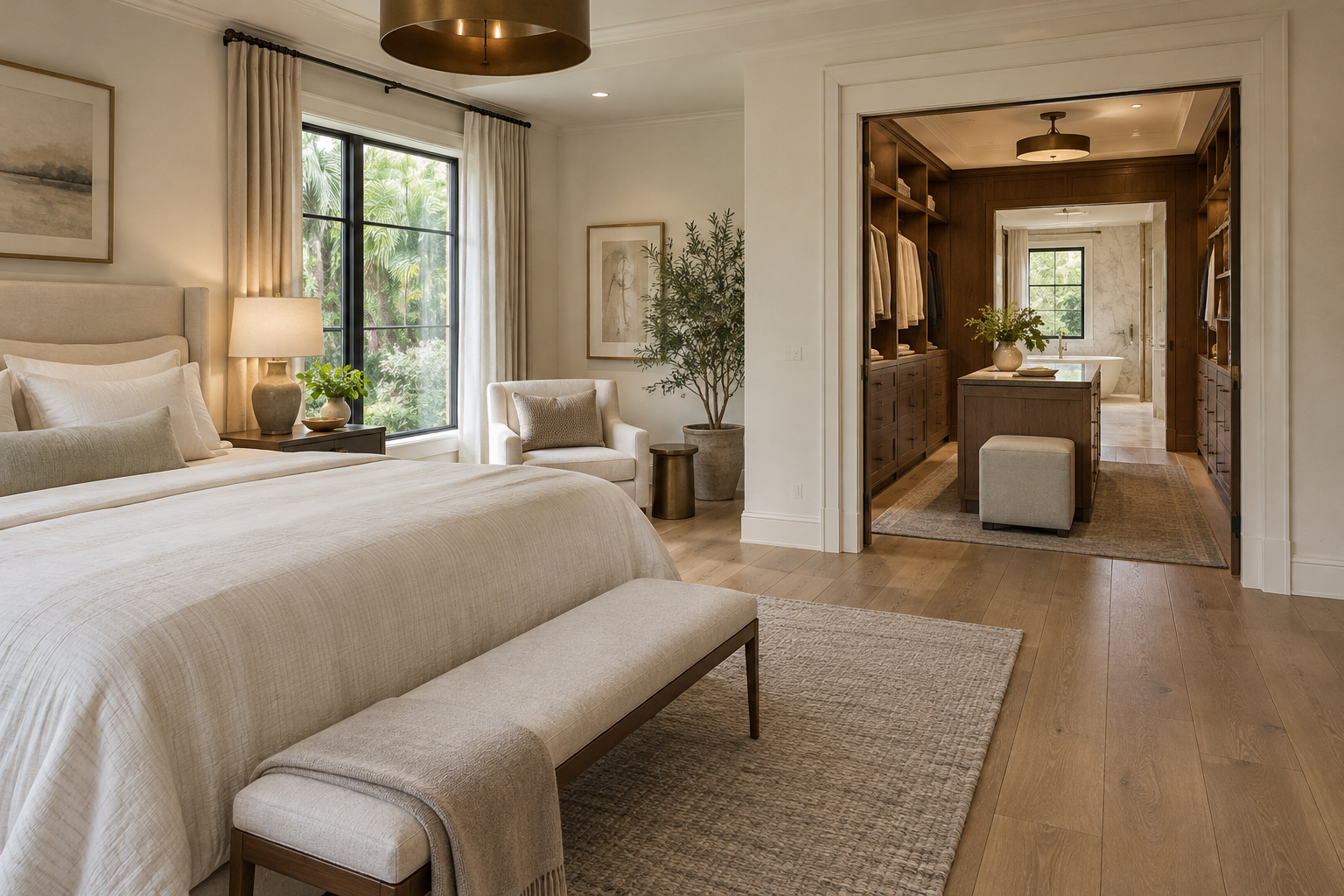 Illustrative primary bedroom connected to a walnut dressing room and stone bathroom