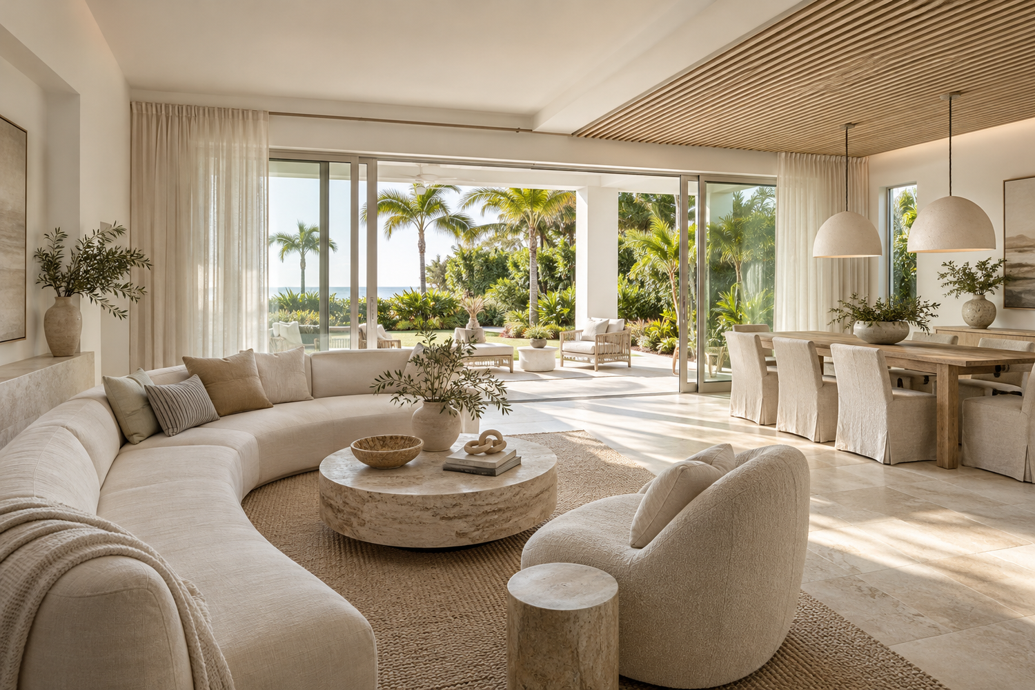 Illustrative renovated coastal living room with cream linen seating, oak ceiling detailing, limestone flooring and garden-facing glass doors
