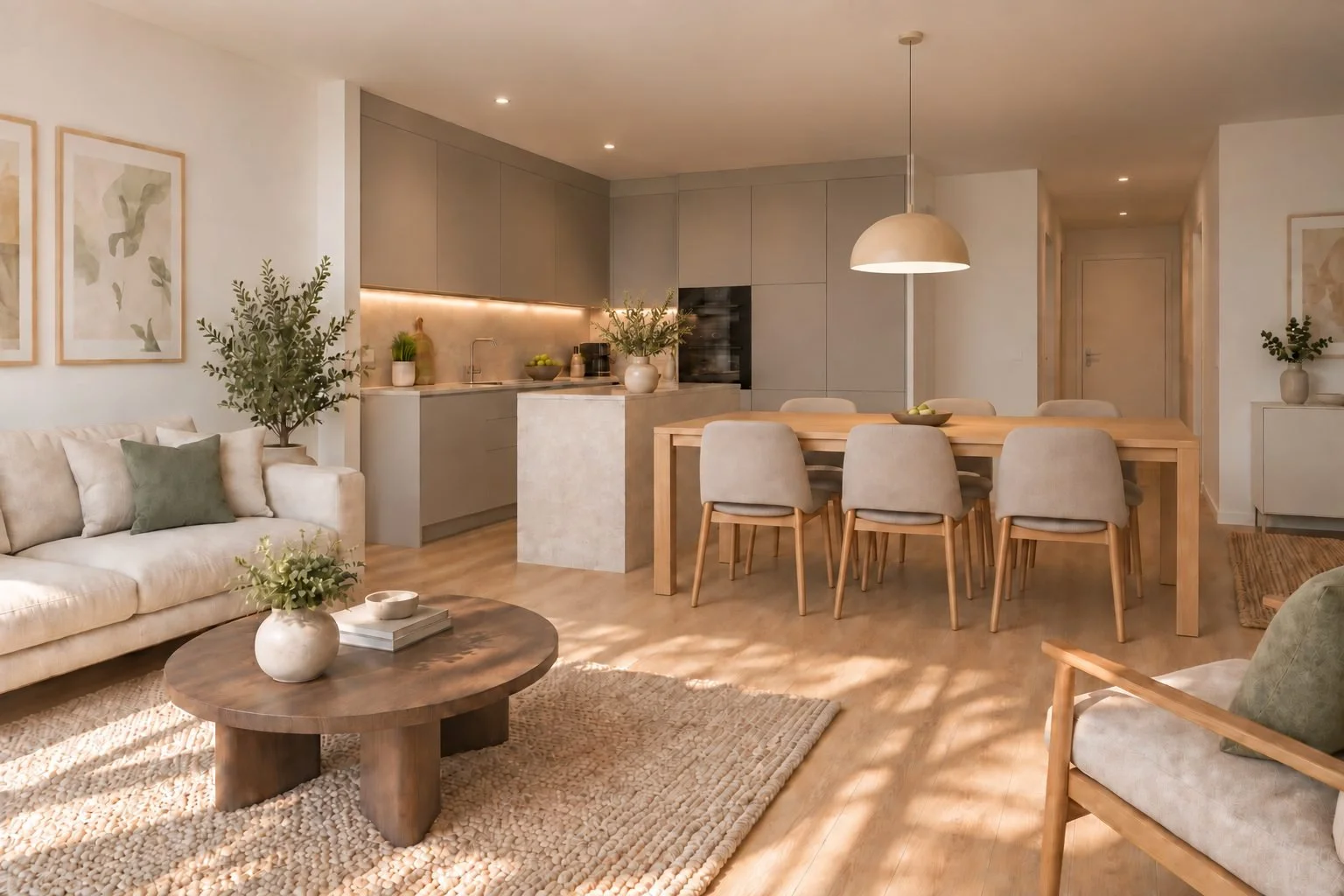 Visualisierung offener Wohnbereich mit Küche, Wohnung B09
