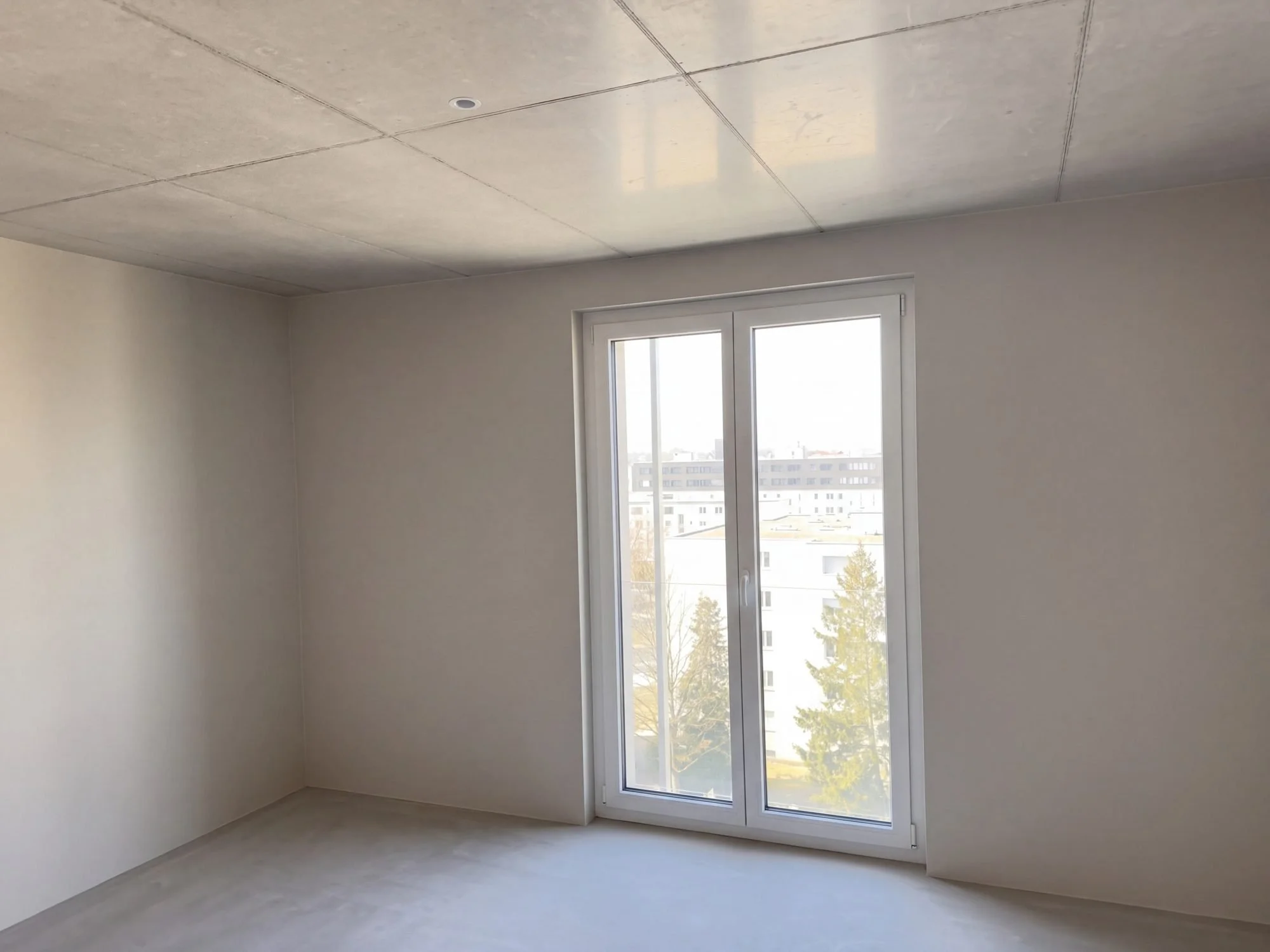 Zimmer mit Fenstertür und Blick über das Quartier, Oktober 2026