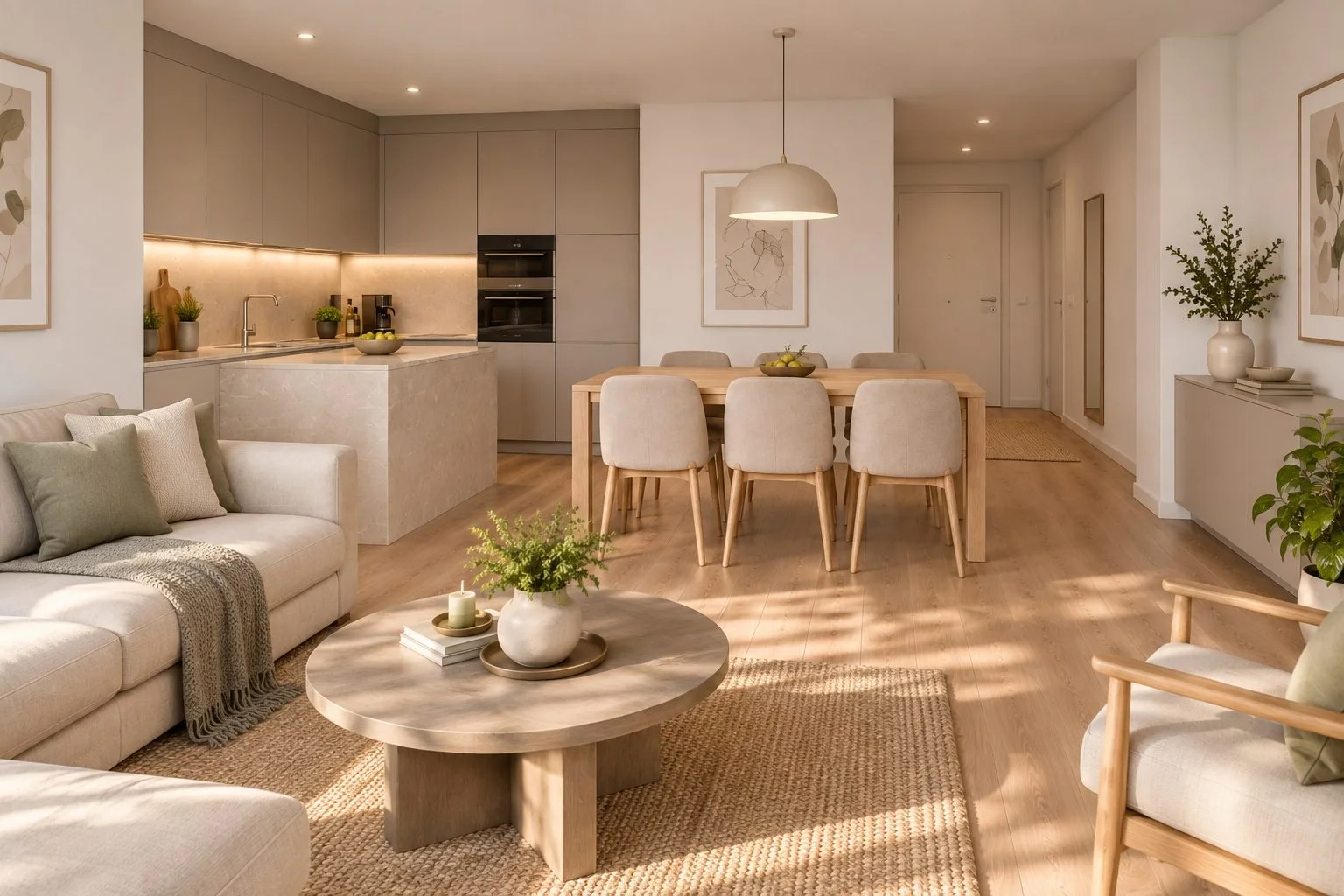 Visualisierung offener Wohnbereich mit Küche, Wohnung B05