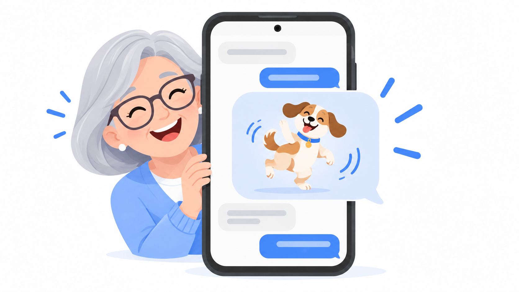 A phone showing a text conversation with a playful moving picture in a chat bubble