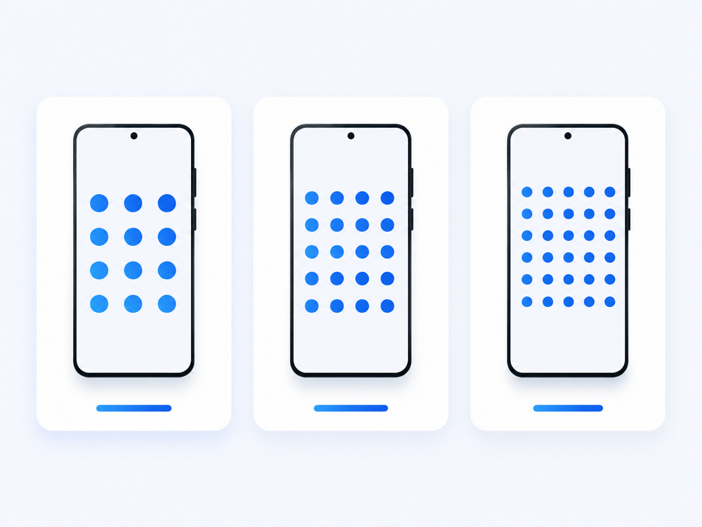 Android home screen grid sizes compared, with larger icons for the readable layout Messenger Chat Home favours