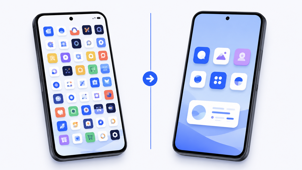 A cluttered Android home screen beside the clean, readable layout Messenger Chat Home gives you