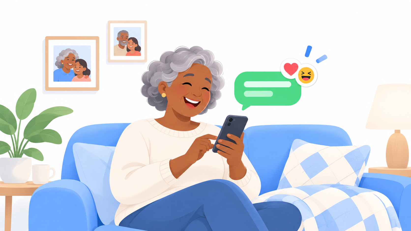 Smiling parent on a couch sending a message to the family group chat