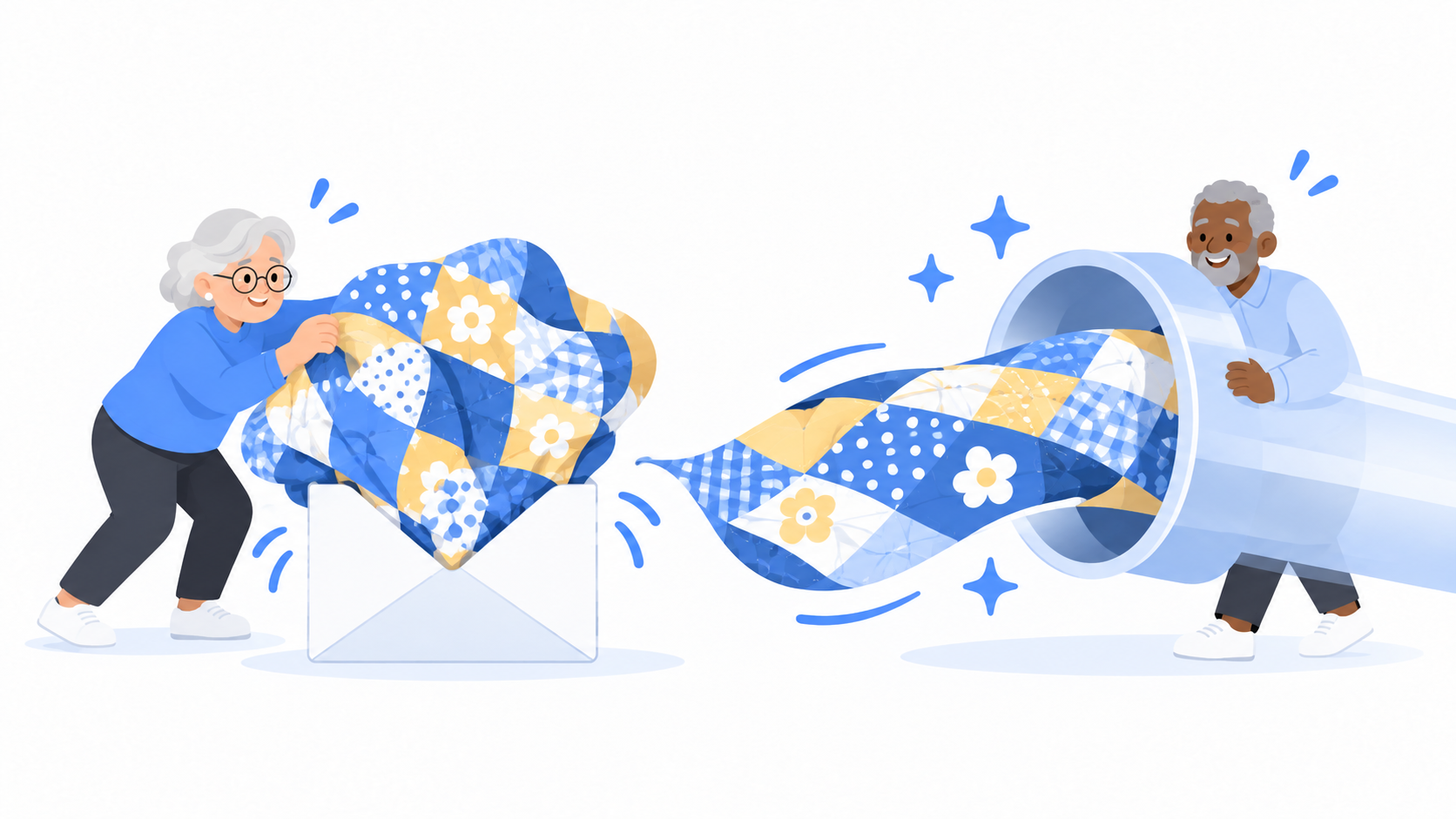 A large quilt being squeezed into a small envelope next to a wide open pipeline