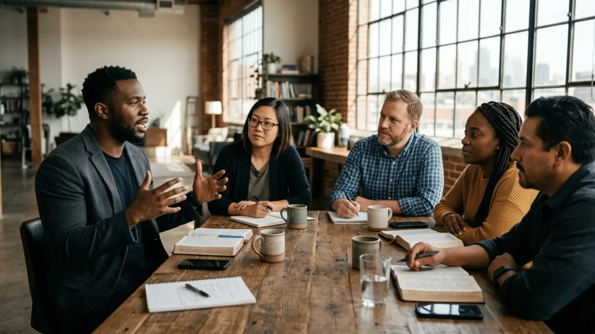 Diverse group of church leaders in a loft discussing disciple-making multiplication strategies around a wooden table.