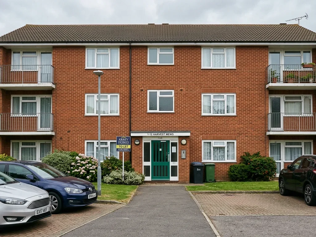 An illustrated UK residential block of flats in Basildon, Essex, with a To Let sign near the entrance