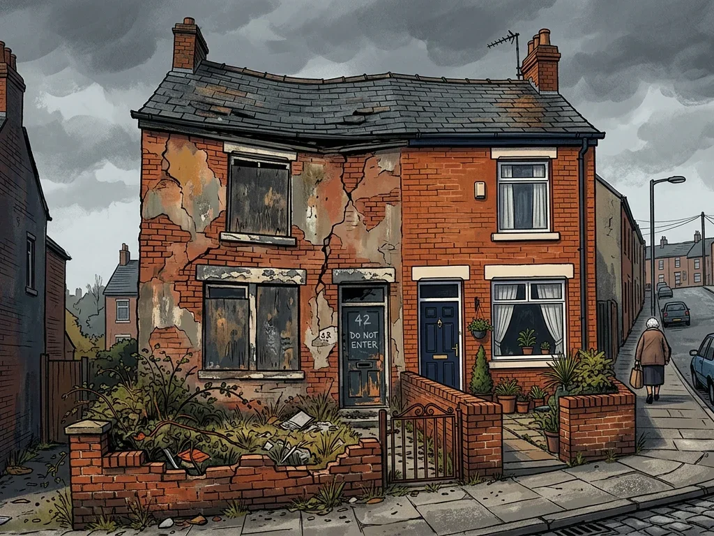 A dilapidated red-brick semi-detached house with visible structural cracks, boarded windows, and a sagging roofline stands on a Sheffield terraced street under a heavy grey sky