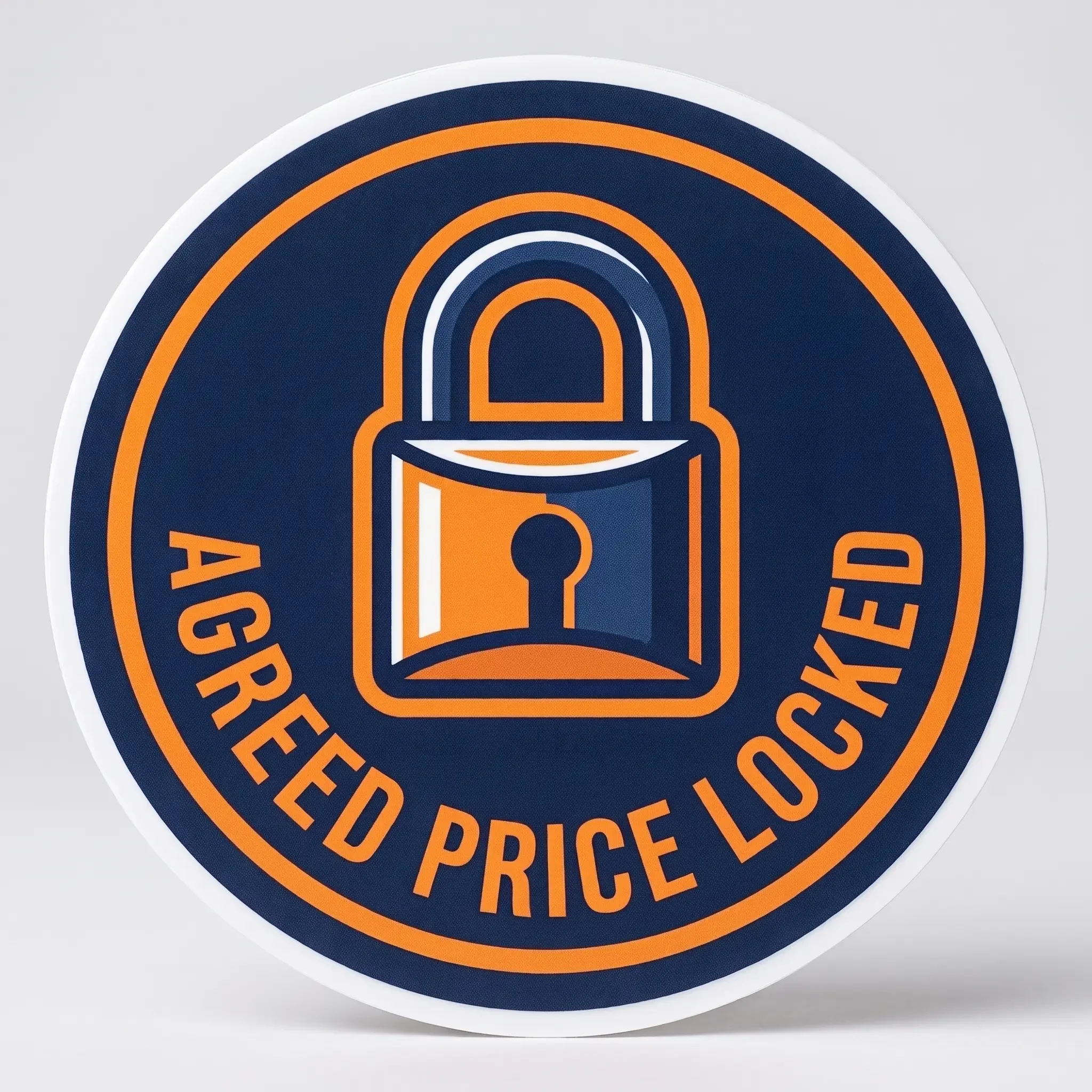 A circular promotional sticker badge featuring a padlock icon and the text Agreed Price Locked