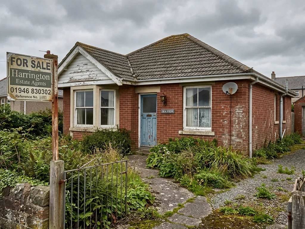 An illustrated dilapidated bungalow in Harrington, Cumbria, with an overgrown garden, peeling paint and a probate sale sign