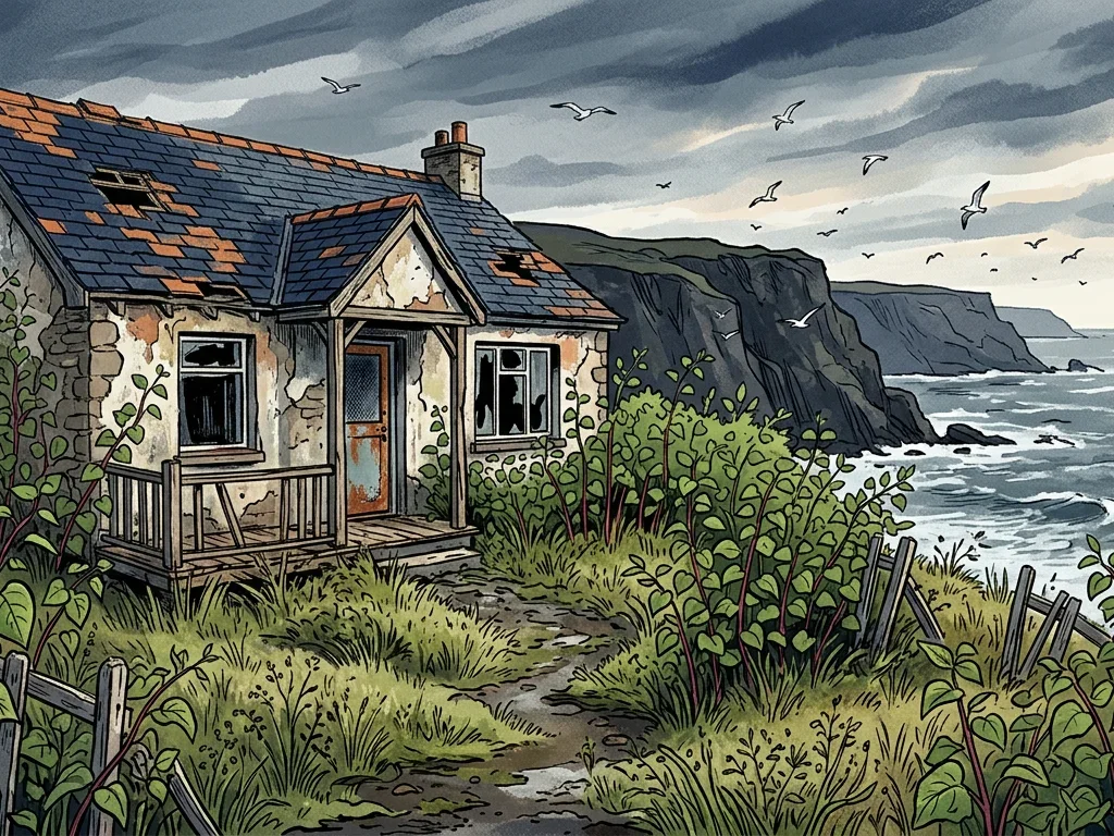 An illustrated derelict clifftop bungalow overrun with Japanese knotweed on the Cumbrian coast, with the sea and cliffs in the background