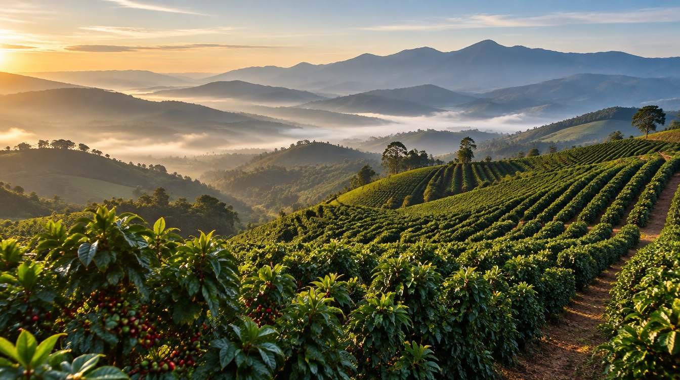 Rows of coffee trees on misty mountain slopes at sunrise