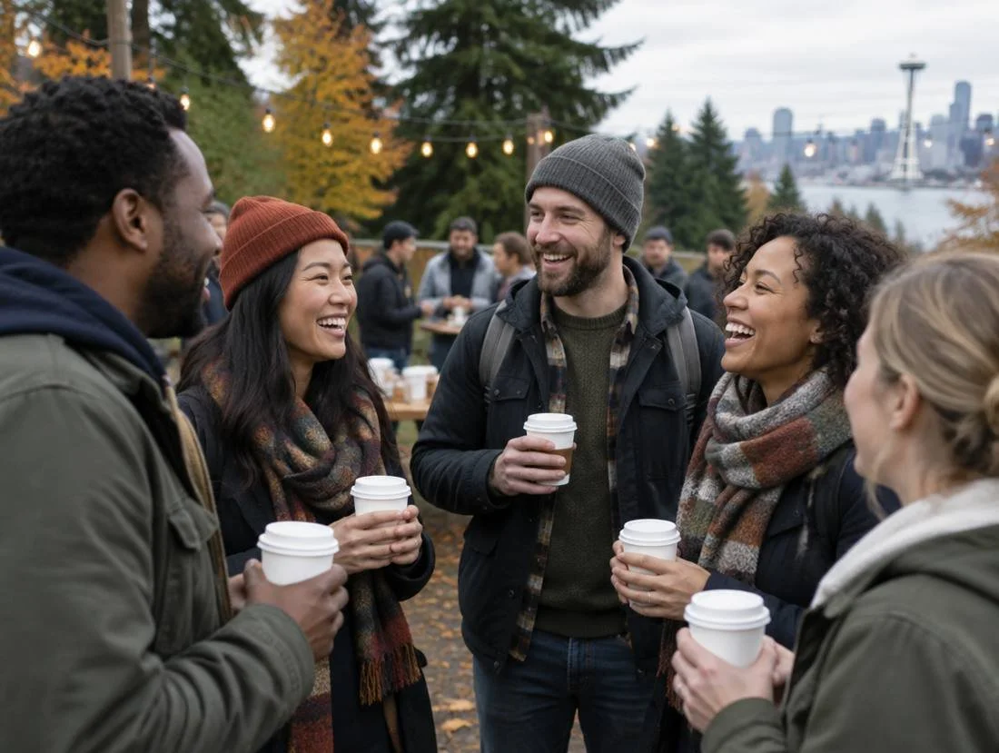 Friends laughing over coffee at a community gathering